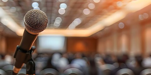 Wall Mural - Closeup of microphone on table with blurred audience in conference seminar. Concept Conference Seminars, Closeup Shots, Microphone on Table, Blurred Audience, Professional Events