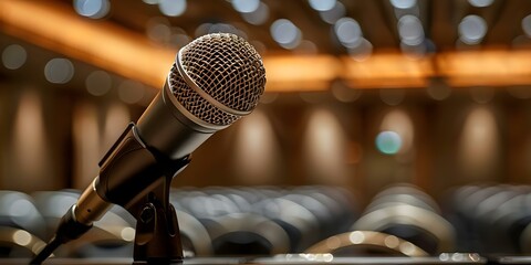 Wall Mural - Microphone on table with blurred audience at conference seminar. Concept Conference Seminar, Microphone, Audience, Blurred Background, Event Coverage