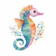 Hippocampus is isolated on a white background. Watercolor sea horse illustration. Colorful underwater element for your design. Cute hippocampus for logo and more.