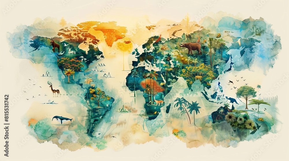 Hand-painted geographical world map with vibrant watercolor detailing ...