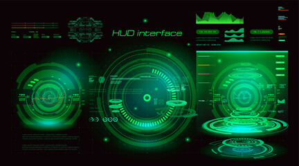 Poster - futuristic green hud interface. custom panel with green hologram, portals and object scanning radar.