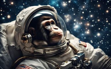 Wall Mural - astronaut monkey in a space suit, floating against a backdrop of stars. futuristic and curious