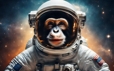 Wall Mural - astronaut monkey in a space suit, floating against a backdrop of stars. futuristic and curious