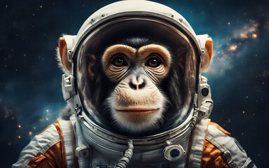 Wall Mural - astronaut monkey in a space suit, floating against a backdrop of stars. futuristic and curious