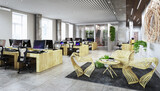 Fototapeta  - Open and transparent office architecture with meeting area in modern, wood design - 3D visualization