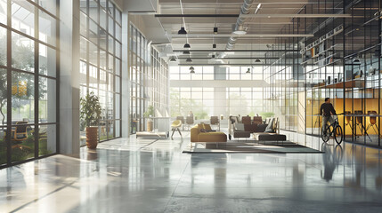 Aufkleber - Design project development with 3D visualization of sunny industrial open space office with sofa on concrete floor and lattice glass walls and man hand making sketch of workspaces and  : Generative AI