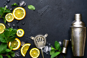 Wall Mural - Ingredients for making citrus cocktail. Top view with copy space.