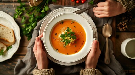 Sticker - Experience the comforting embrace of a  hearty meal with a photograph showcasing hand holding a homemade vegetable soup. served elegantly on a white plate with a delicate parsley garnish.