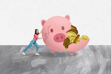 Poster - Composite photo collage of happy girl break piggy jar coin savings dollar income success finding progress isolated on painted background