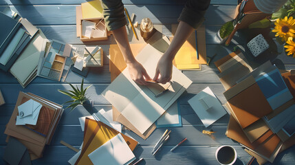 Poster - Flat lay of hands of contemporary creative interior designer over workplace during work over new apartment or room in house : Generative AI
