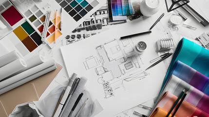 Poster - Interior designers working table an architectural plan of the house a color palette furniture and fabric samples Drawings and plans for house decoration : Generative AI