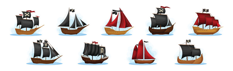 Wall Mural - pirate ships with black and red sails vector set