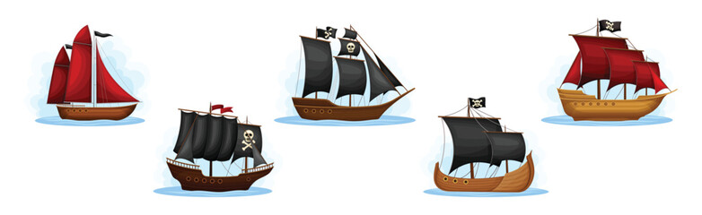 Wall Mural - pirate ships with black and red sails vector set