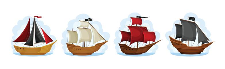 Wall Mural - pirate ships with black and red sails vector set