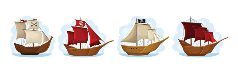 Wall Mural - pirate ships with white and red sails vector set