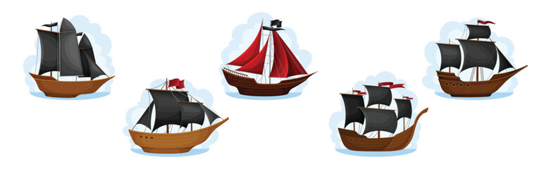 Wall Mural - pirate ships with black and red sails vector set