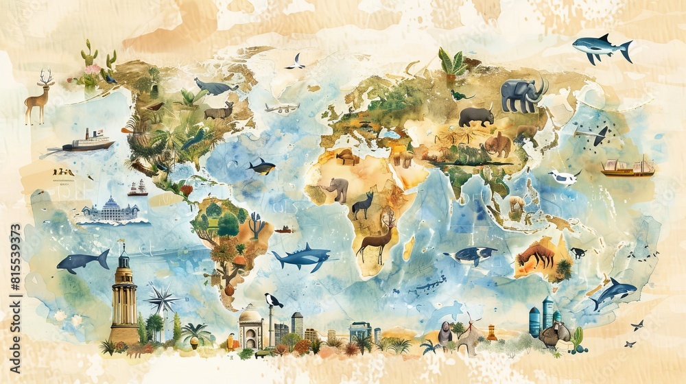 Watercolor of a world map featuring a hand-drawn style, with playful ...