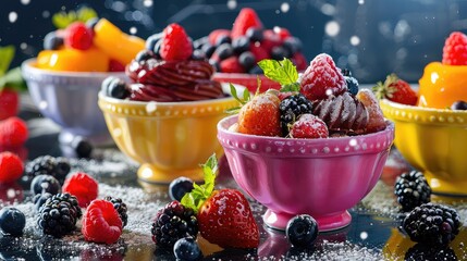 Wall Mural - A beautiful summer dessert with berries and fruits. Selective focus.