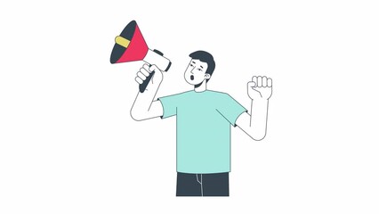 Poster - Asian man speaking in megaphone line cartoon animation. Business marketing 4K video motion graphic. Japanese male promoting business 2D linear animated character isolated on white background