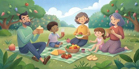 Wall Mural - Opening letter, family day, summer background, wallpaper, happy family on a picnic in nature in summer, vector, illustration
