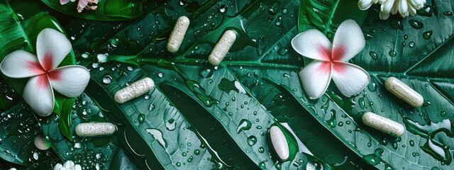 Poster - Supplements capsules on a background of flowers and leaves. Selective focus.