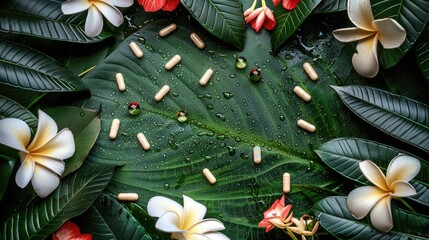 Poster - Supplements capsules on a background of flowers and leaves. Selective focus.