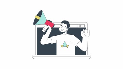 Poster - Korean man with megaphone on laptop display line 2D animation. Promotion on internet 4K video motion graphic. Digital marketing strategy linear animated cartoon flat concept, white background