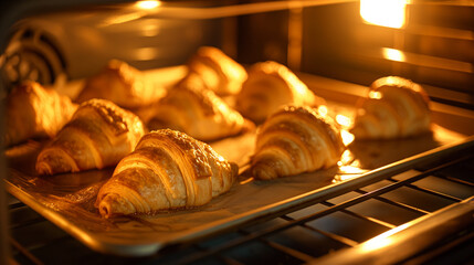 Delicious freshly baked croissants in the oven, Crispy and yummy french pastry