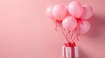 Wall Mural - gift attached to flying balloons birthday on pink background with copy space