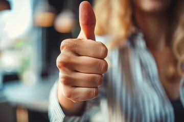 Close up of a woman s hand offering a thumbs up gesture to express approval or show liking