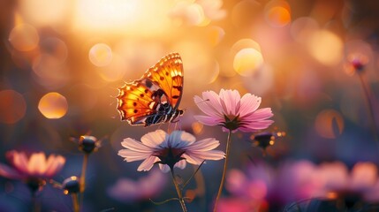Wall Mural - A butterfly is perched on a flower in a field of flowers