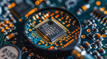 Poster - Close up of computer microchips on electronic circuit magnified by glass, with space for text