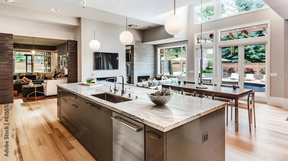 Kitchen and living room interior in new luxury home with open concept ...