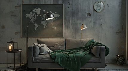 Dark green blanket on grey sofa against concrete wall in guy room interior with designer lamp and map poster on the wall : Generative AI