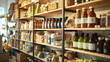© Generative AI - Zero waste shop interior Wooden shelves with different food goods and personal hygiene or cosmetics products in plastic free grocery store Ecofriendly shopping at local small businesse : Generative AI
