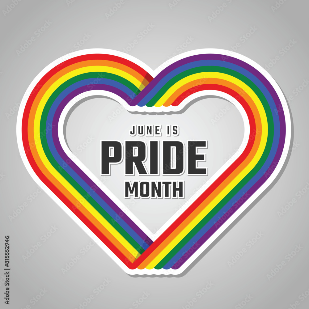June is pride month Text in heart frame with rainbow line pride flags ...
