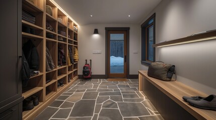 Wall Mural - A sleek, functional mudroom in a Nordic home, with custom wooden storage for outdoor gear, a stone floor design inspired by natural landscapes, and soft, LED lighting creating a welcoming entrance.