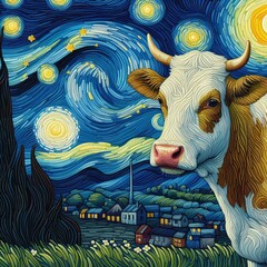 starry night cow art generative ai