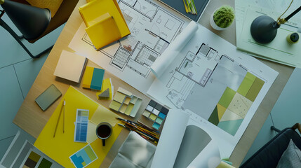 Poster - Interior designers working table an architectural plan of the house a color palette furniture and fabric samples in yellow and grey color Drawings and plans for house decoration : Generative AI