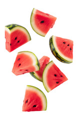 Falling watermelon isolated on white background, clipping path, full depth of field