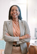 © peopleimages.com - Office, happy and portrait of black woman with smile for professional job, pride and administration. Consultant, arms crossed and face with confidence for company, ambition and career at agency