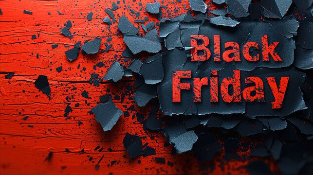 Capture a top view of Black torn paper and the text Black Friday against a red background 