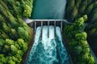 Aerial view of a cascading hydroelectric dam, water flowing powerfully between gates, surrounded by lush forests,