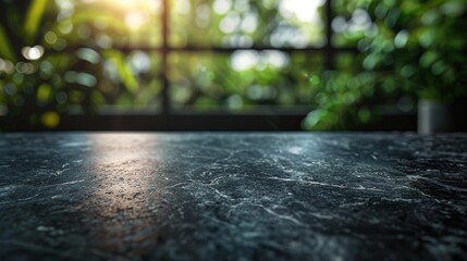 Wall Mural - A kitchen with a marble countertop and a black stove