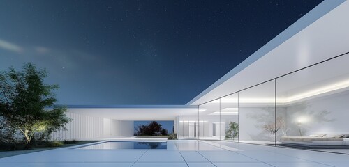 Wall Mural - A sleek white house with an angular design, featuring a hidden courtyard pool visible through floor-to-ceiling windows, with a minimalist, Zen-inspired garden, under a clear, starry night sky. 