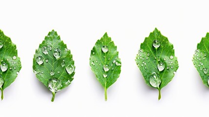 Wall Mural - Green leaves with water drops, isolated on white background, banner