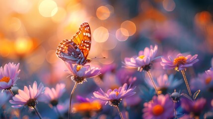 Wall Mural - A butterfly is perched on a flower in a field of flowers
