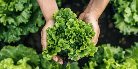 Canvas Print - Hands holding lettuce, organic farm harvest, bio production, AI generated