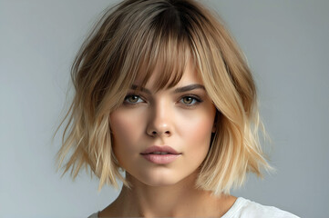 close up blonde hair brown eyes woman shaggy bob cut off white background