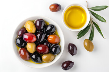 Wall Mural - Fresh olives with olive oil on white background, top view.